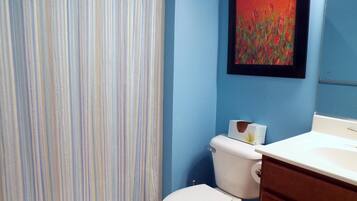 Hair dryer, towels, soap, toilet paper