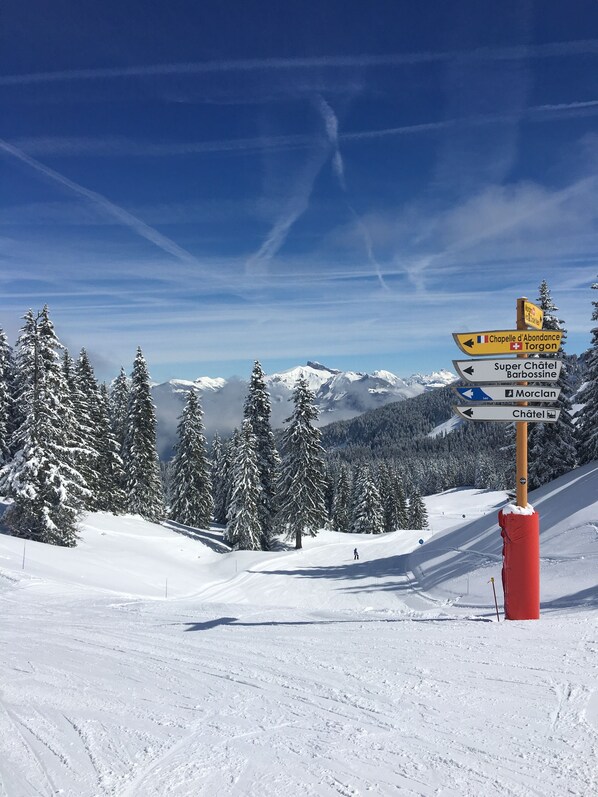 Een berglandschap bedekt met sneeuw, met een bord dat richtingen aangeeft naar Chapelle d'Abondance, Torgon, Super Châtel Barbossine, Morclan en Châtel.
