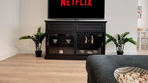A living room with a flat-screen TV displaying 'NETFLIX' in red letters, a dark wooden entertainment unit with shelves, and two potted plants. - N&J  - BEETHOVEN - Central - Residental area (Niza)