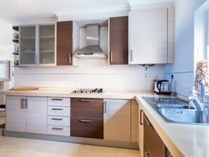 Fridge, stovetop, dishwasher, coffee/tea maker