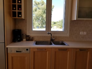 Una cocina con un lavamanos doble, cafetera y lavavajillas.