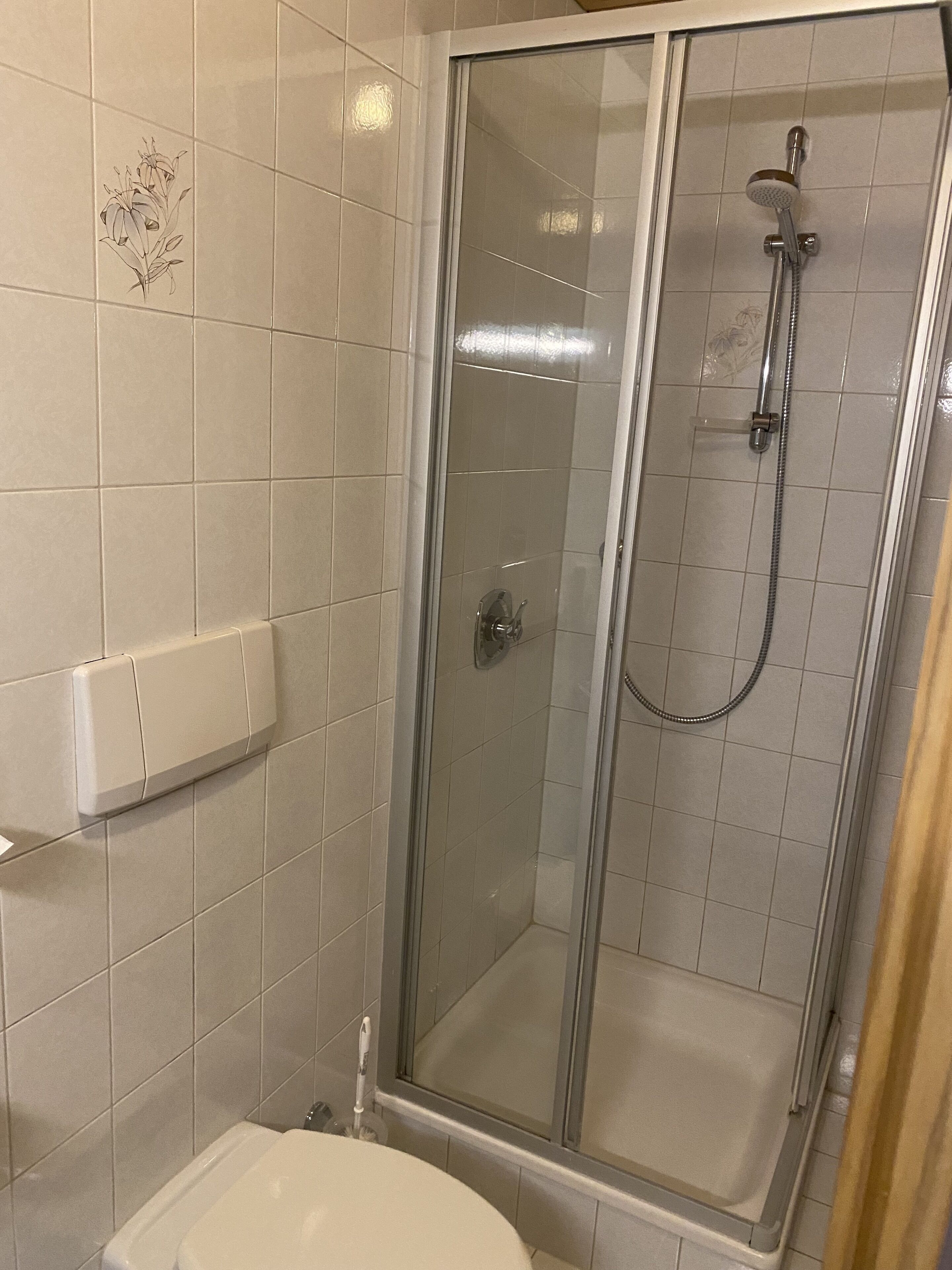 Ein Badezimmer mit Duschkabine, Toilette und Handtuchhalter.