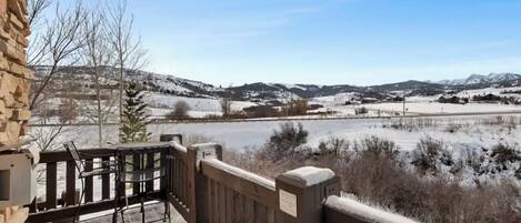 A balcony with a view of a snowy landscape and distant mountains.