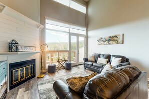 TV, fireplace, books