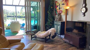 Smart TV, chimenea, libros