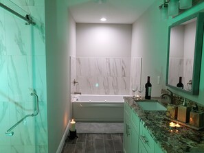 Combined shower/tub, hair dryer, bidet, towels