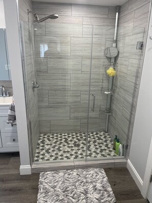 Combined shower/bathtub, hair dryer, soap, shampoo