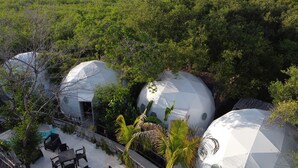 Um resort com estruturas em c úpulas geodésicas, cercado por vegetação exuberante.