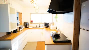 Full-sized fridge, microwave, stovetop, dishwasher