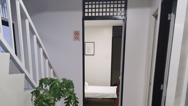 A hallway with a potted plant, a bed in the background, and a striped rug on the floor. - Flip Flops Hostel (Pasay)