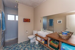 Regadera, secadora de cabello, jabón, papel de baño