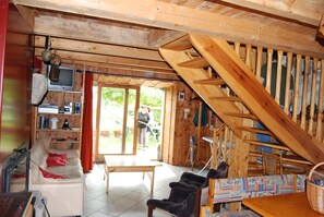 Een televisie, een open haard, een dvd-speler en boeken