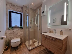 Shower, towels, soap, toilet paper