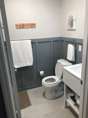 Regadera, secadora de cabello, toallas, papel de baño 