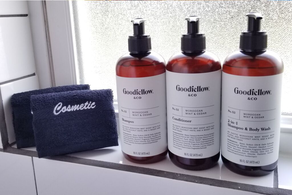 Three bottles of Goodfellow & Co. products on a shelf.