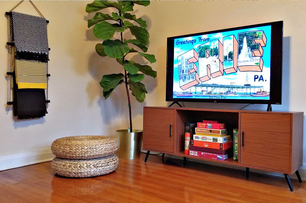 Una sala de estar con una televisión mostrando un programa 'Greetings from Paris', un mueble de madera con juegos de mesa, una planta grande y otomanas tejidas.