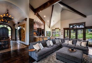 TV connectée, cheminée, lecteur de DVD, livres