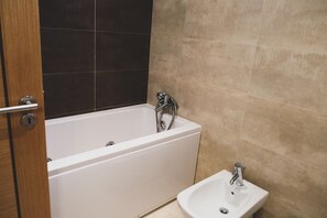 Combined shower/tub, hair dryer, bidet, towels