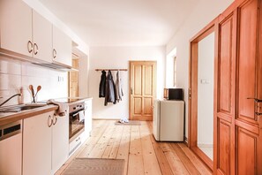 A kitchen with wooden cabinets, a stove, a refrigerator, and a door leading to another room. - Velký stylový byt v centru Krumlova (Cesky Krumlov)