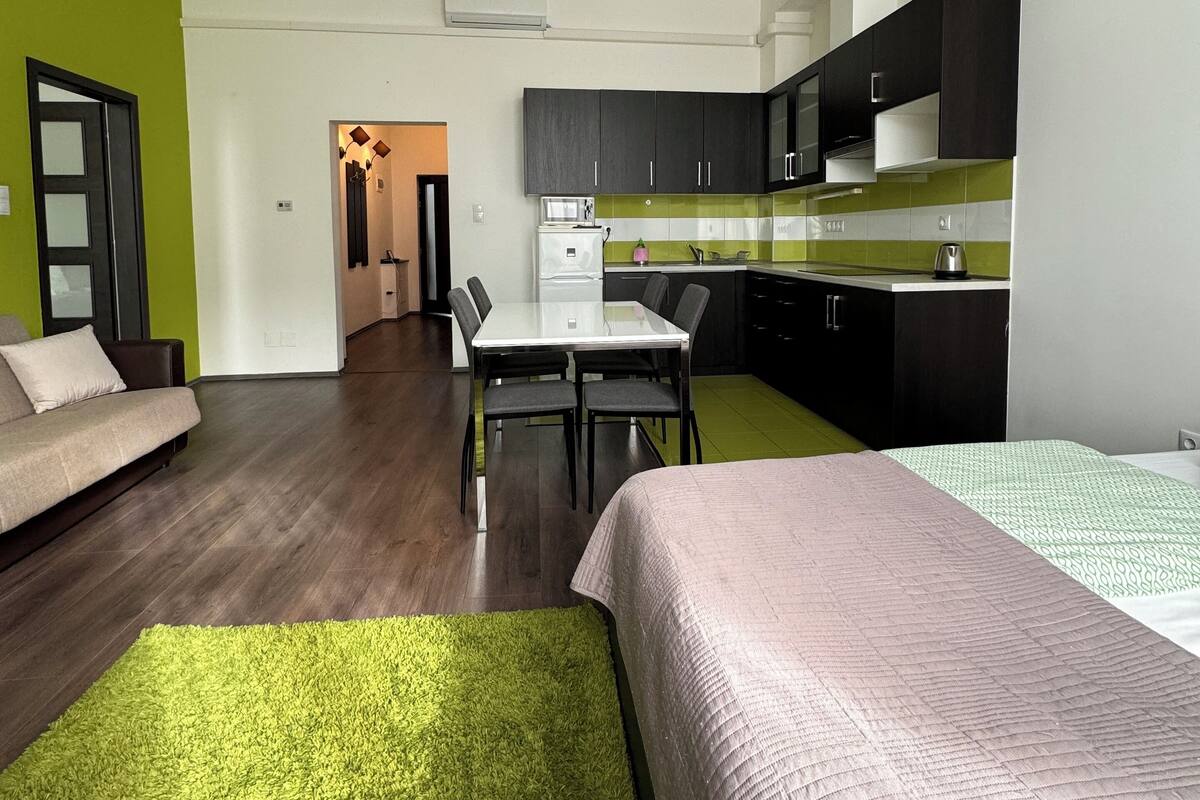Un apartamento moderno con comedor, cocina y sala de estar con alfombra verde.