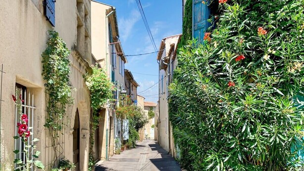 Une rue étroite bordée d’immeubles aux portes et fenêtres en arc de cercle, dont certains sont ornés de plantes et de fleurs.