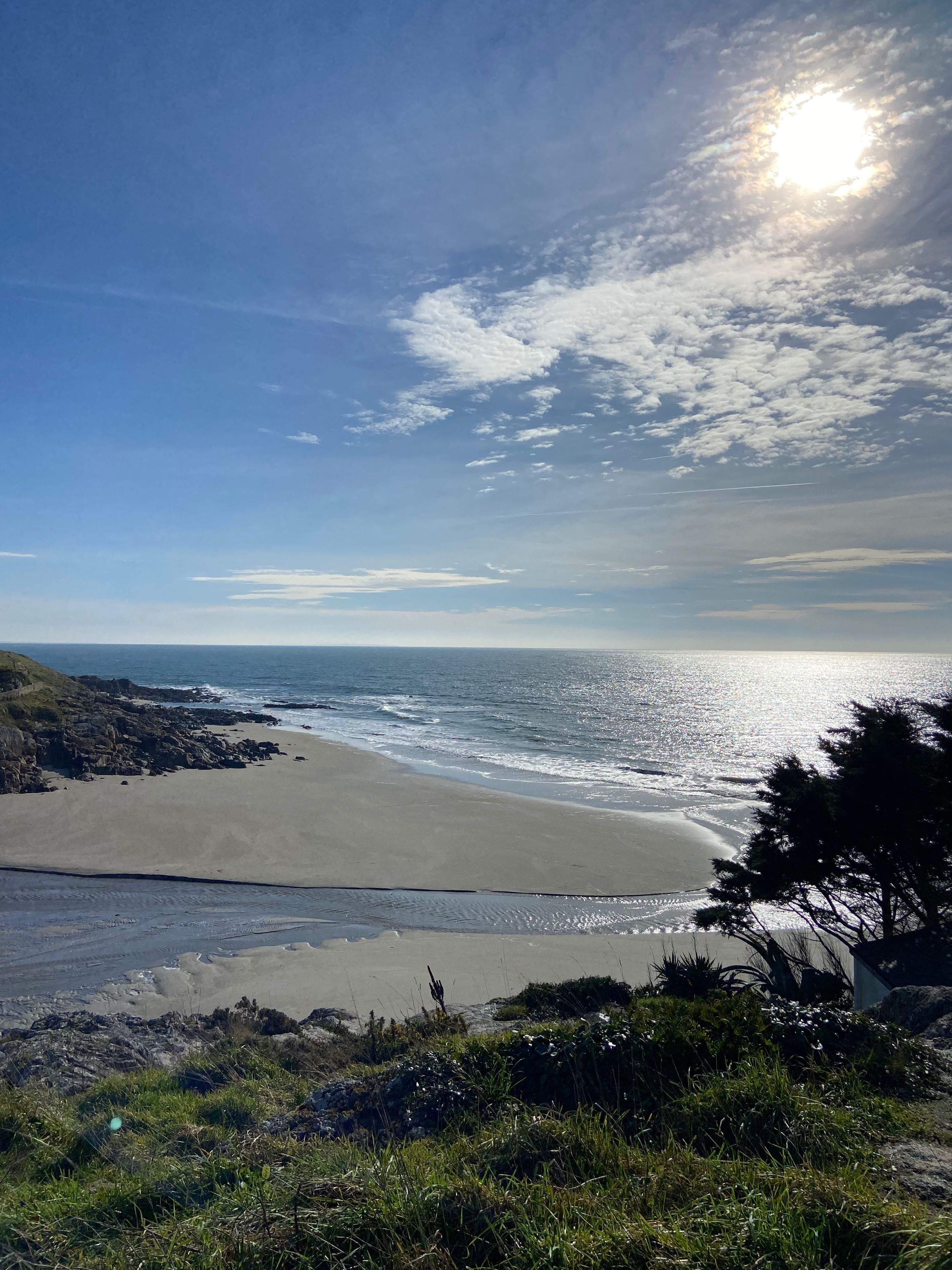 A beach with a clear sky, rocky coastline, and vegetation.
