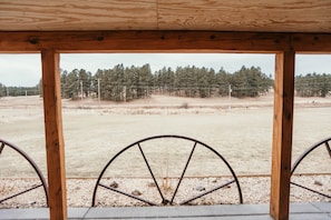 Guests can enjoy a serene view of the open field from the comfort of this cozy cabin.