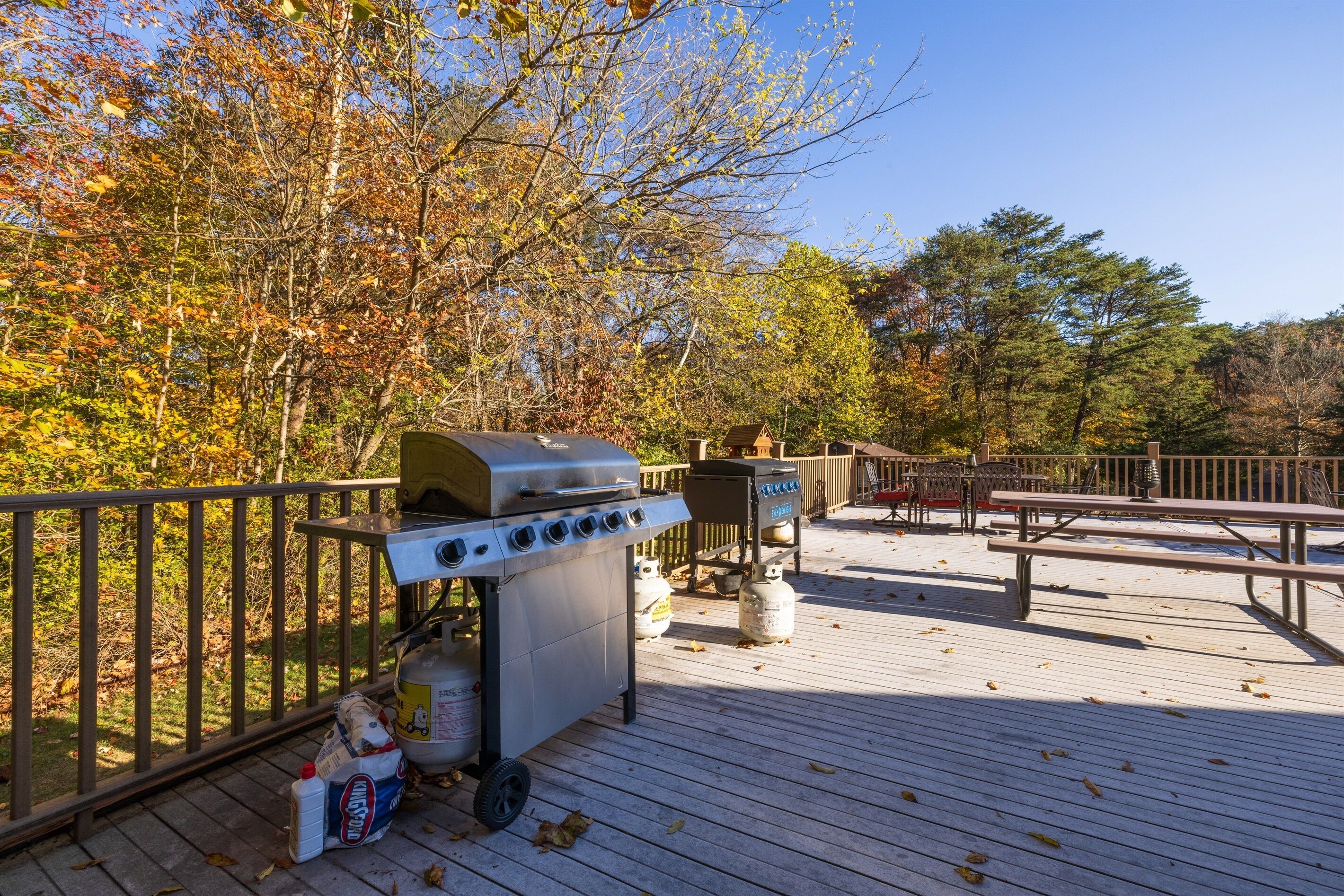 Un terrazzo in legno con un barbecue, un tavolo da picnic e bombole di gas.