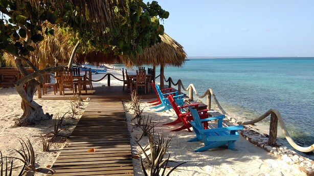 A beachside resort with a wooden deck leading to a thatched-roof area with tables and chairs. - Hotel Vista de Aguilas Ecolodge (Pedernales)