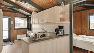 Fridge, stovetop, dishwasher, coffee/tea maker