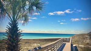 A beach with a palm tree, a wooden boardwalk, and a clear blue sky. - FREE Street Legal Golf Cart, 6 blocks to beach 3 blocks from incredible pool! (Santa Rosa Beach)