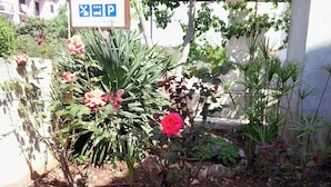 A garden with various plants and flowers, including a prominent red flower. - Antique Apartment With Balcony (Stari Grad)
