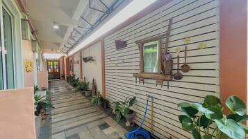 A hallway with a wooden floor, potted plants, and a blue garden hose.