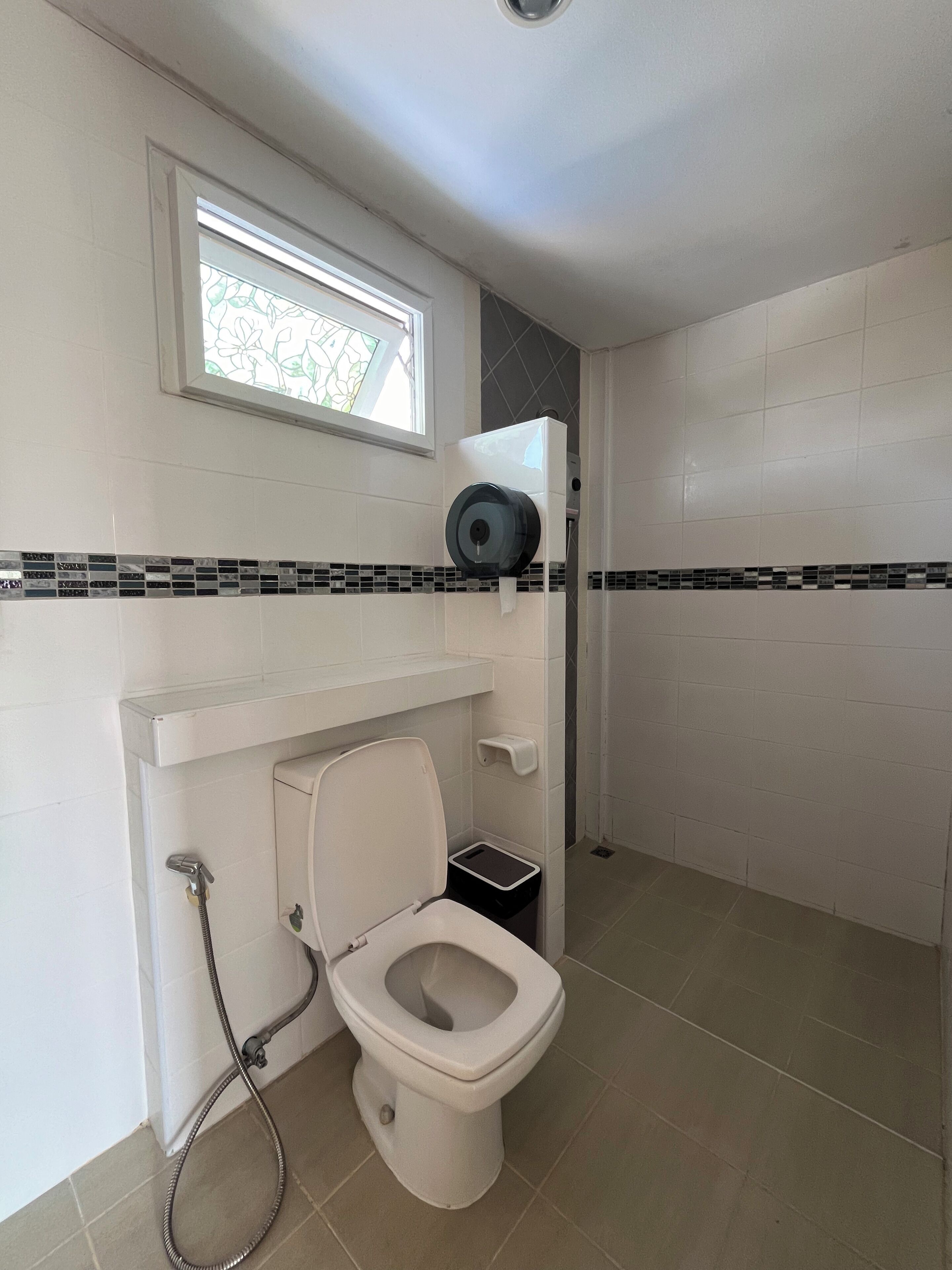 A bathroom with a toilet, a shower, and a window.