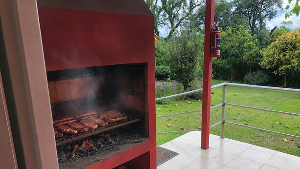 En grill med mad under tilberedning, en brandslukker og et græsklædt udendørsområde.