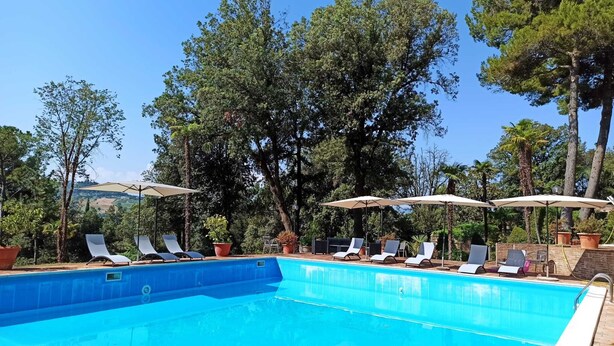 A swimming pool with lounge chairs and umbrellas, surrounded by trees and a clear sky.