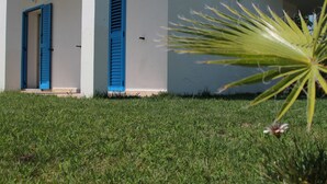 A building entrance with two blue doors, a white wall, and a grassy lawn. - S'olivariu Village Guest House Swimming Pools Heart Of Sulcis (Piscinas)