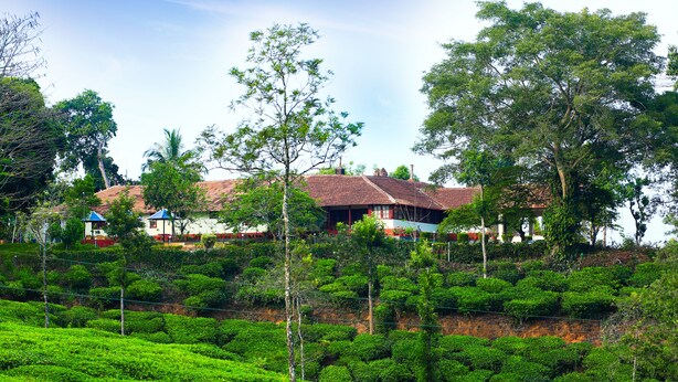 A traditional house with a tiled roof, surrounded by lush greenery and a tea plantation. - Deluxe Double Room In British Bungalow (Vythiri)