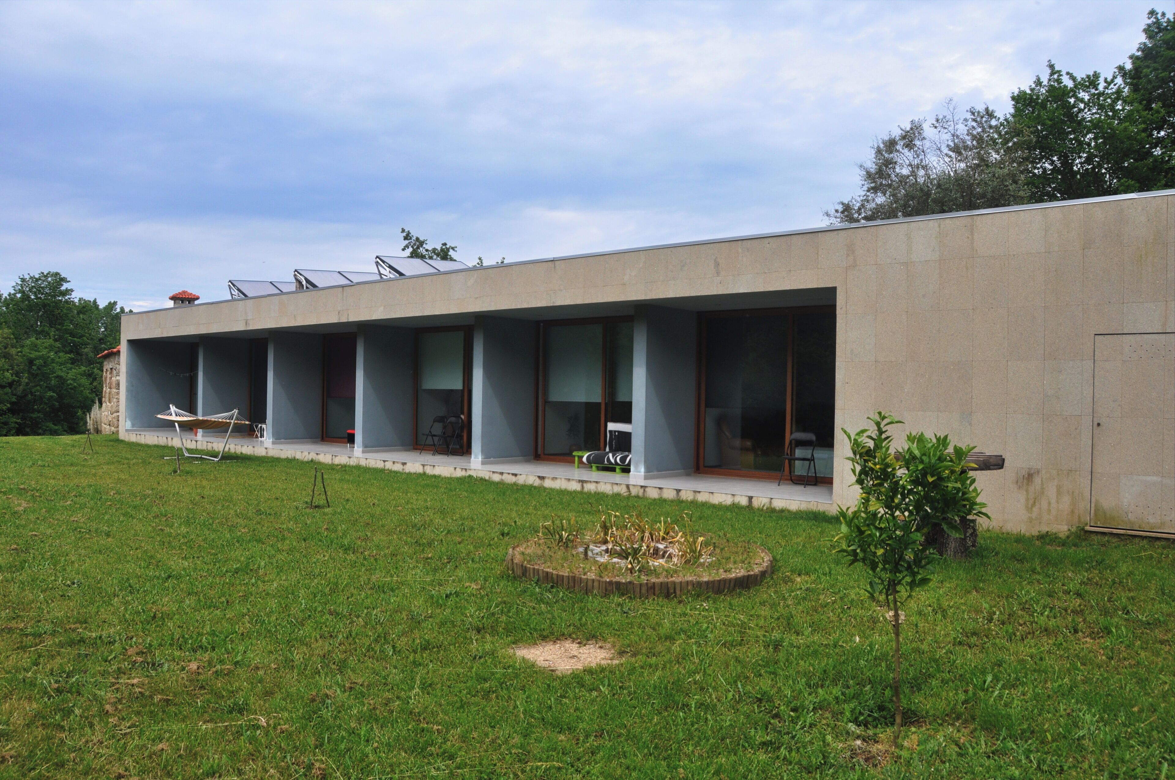 A modern building with a flat roof, large windows, and a small garden area with a tree.