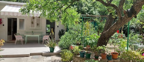 A garden with potted plants, a table, and chairs outside a building with a door and windows.