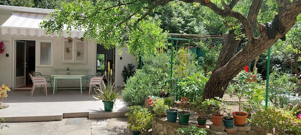 Un jardin avec des plantes en pot, une table et des chaises, situé devant un bâtiment doté d’une porte et de fenêtres.