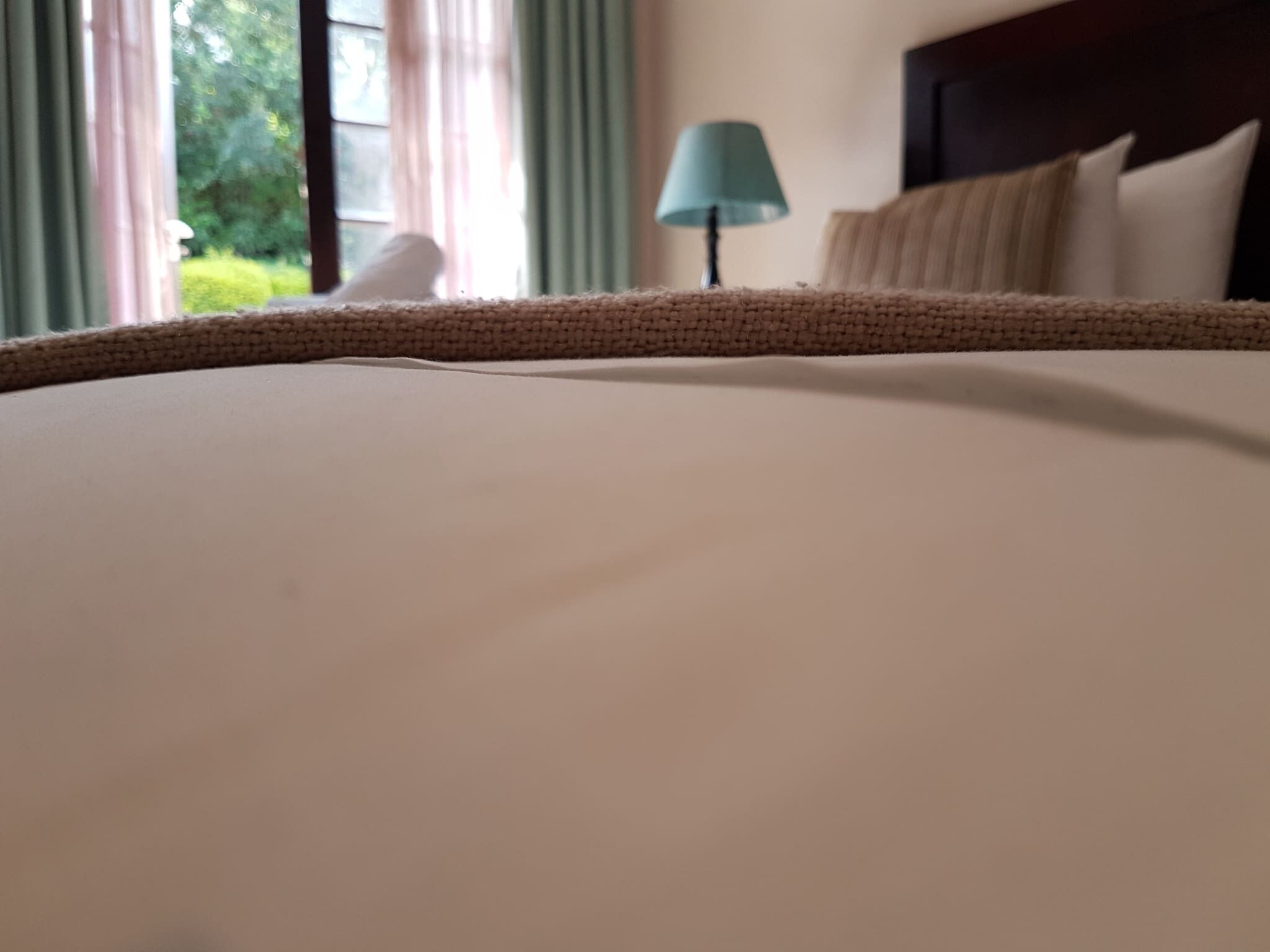 A close-up of a bed with a textured headboard, a lamp, and a view of greenery through a window.