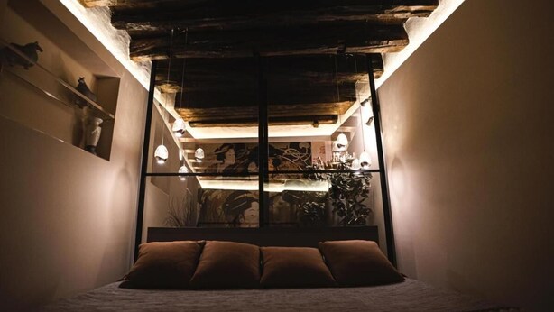 Un dormitorio con cama, ventana con vistas a plantas y techo de madera.