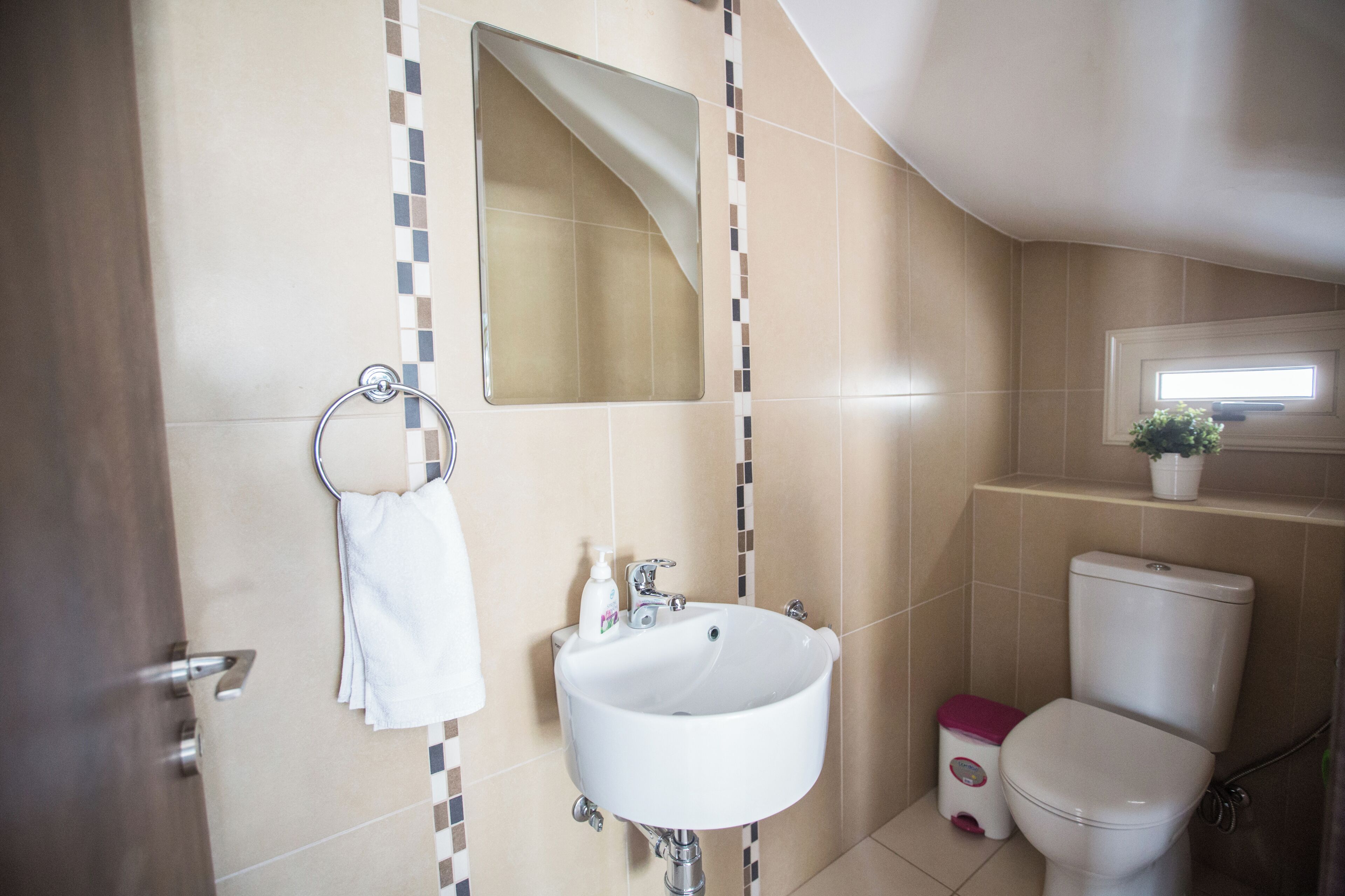 A bathroom with a white sink, a mirror, a toilet, and a small window with a plant.