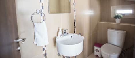 A bathroom with a white sink, a mirror, a toilet, and a small window with a plant.