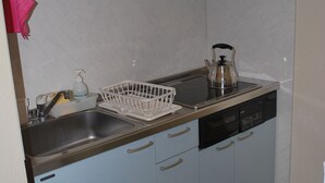 A compact kitchen with a dishwasher, kettle, and a white dish rack on the counter.