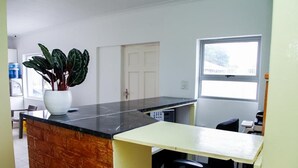 A kitchen with a black countertop, a white pot with a plant, a white door, and a window. - Room-relaxing Guest House in the Heart o (Cape Town)
