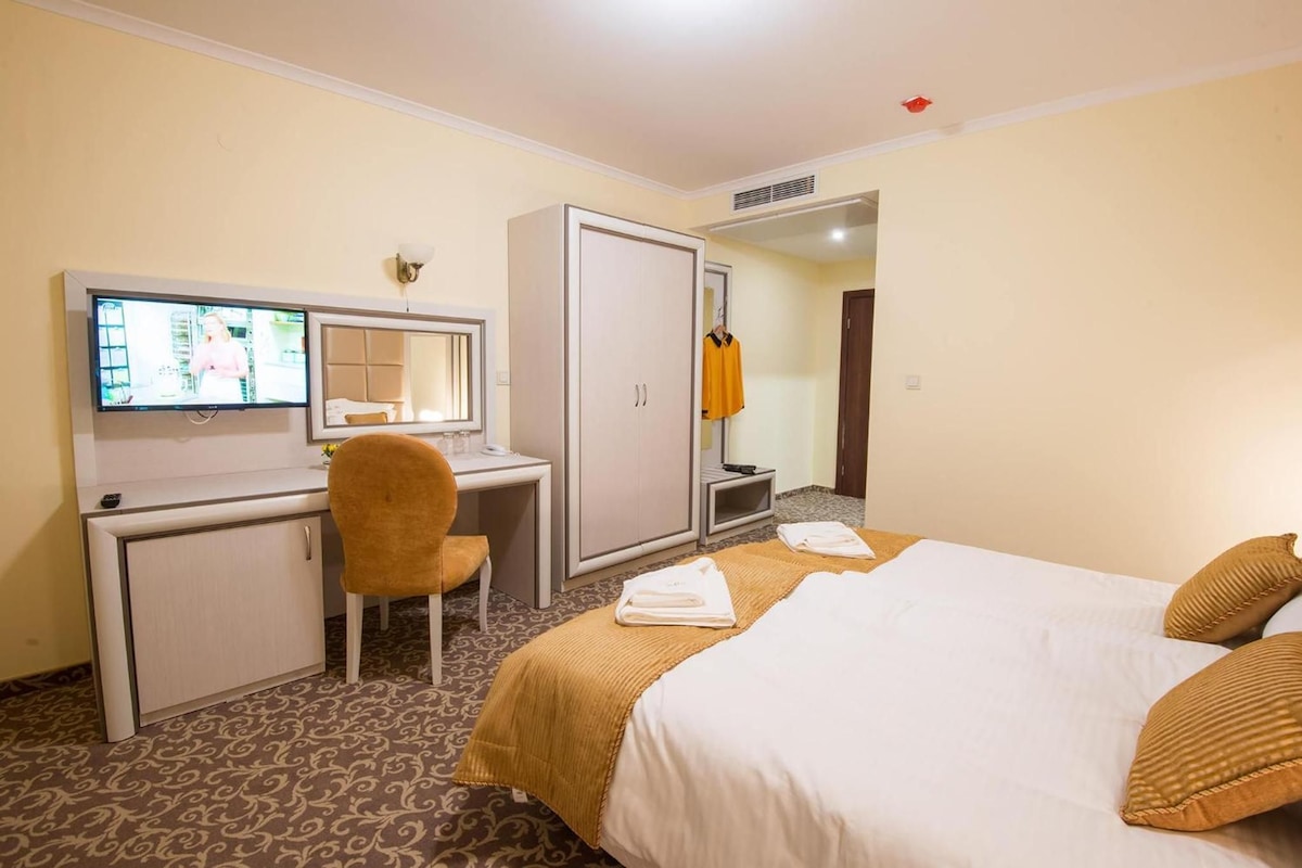 Quarto de hotel com uma cama, escrivaninha com cadeira, guarda-roupa e televisão.