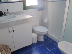 Een badkamer met een wit wastafel, toilet en douche.