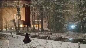 A snow-covered outdoor area with a pathway leading to a building.